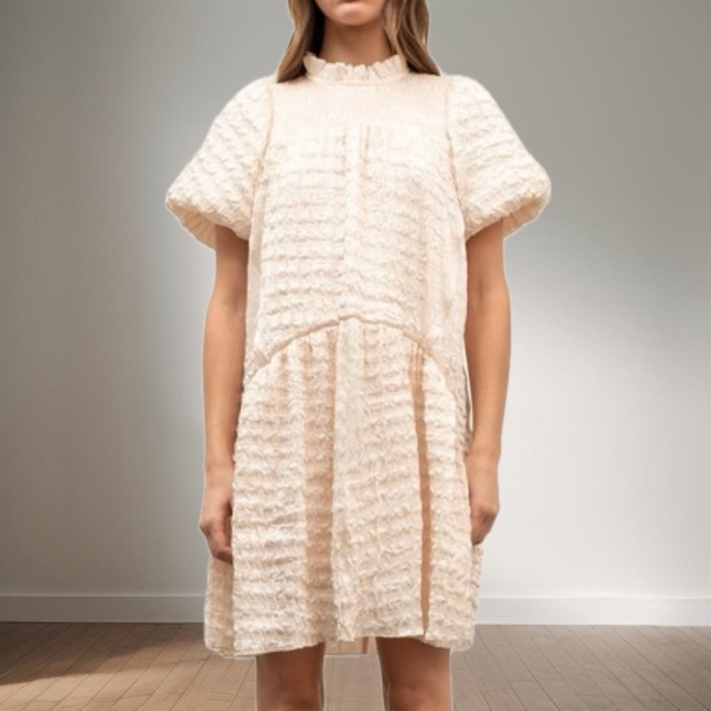 By The River Cream Textured Drop Waist Puff Sleeve Dress Size M